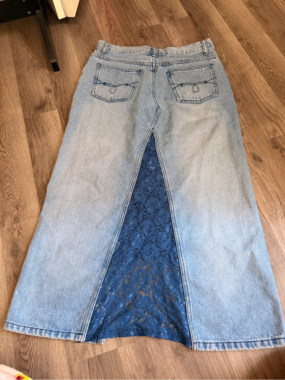 Denim Maxi Skirt with Navy Lace Panel